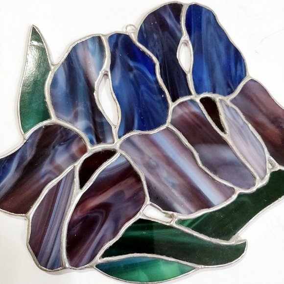 Vintage Stained Glass Sun Catcher Set 2 Hummingbird Iris Blue Violet Purple Hand - Picture 9 of 10